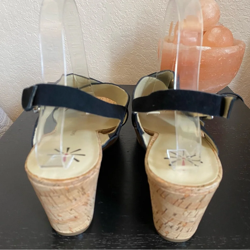 ISAAC MIZRAHI LIVE SLINGBACK CORK WEDGE SANDAL. MADDIE. BLACK SUEDE SZ 10 M